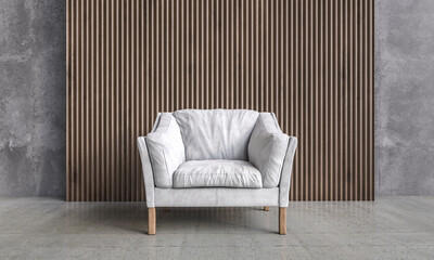 Modern white armchair against textured wall