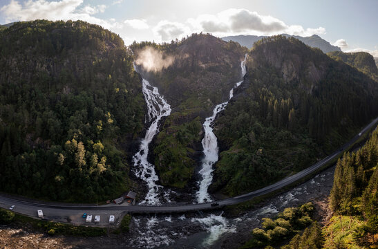 Aerial view of Latefossen waterfall and Gronsdalslona river, Skarde, Vestland, Norway.