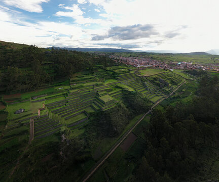 Aerial view of beautiful agricultural landscape in Chinchero, Departamento del Cuzco, Peru.