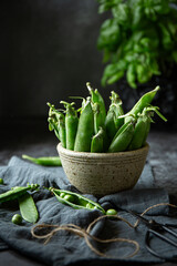 Fresh green peas on the table in a grey pot on dark background 