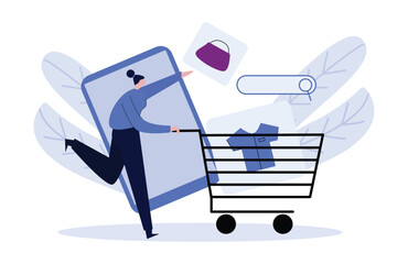 concept illustration of woman shopping in an online store, woman pushing a shopping cart