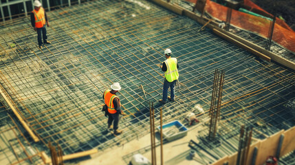1. "Construction workers wearing hard hats and safety vests, working on a large building site