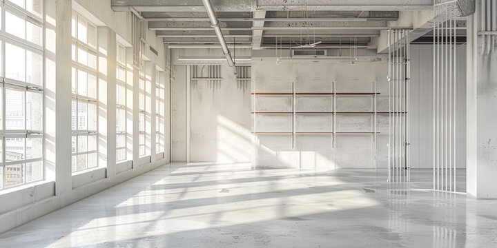 Blank space of white warehouse or open space office.Architecture contemporary inspiration design.factory room wallpaer background
