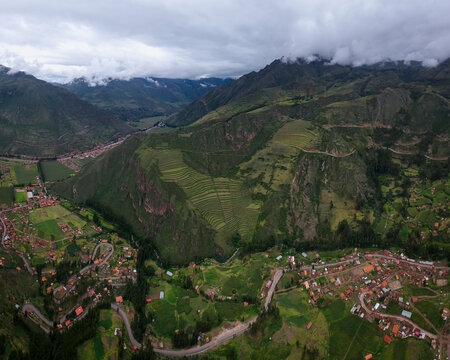Aerial view of agricultural terraces in Pisac Arqueological Place, Departamento del Cuzco, Peru.