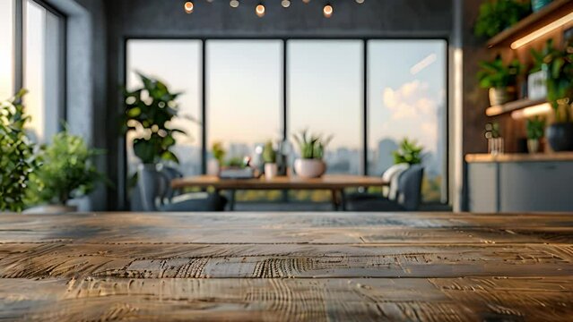 A wooden table top is placed in front of a large window, allowing natural light to illuminate the surface.
