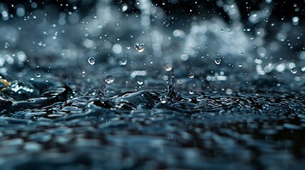 Full frame of raindrops falling on a black background, capturing the texture and movement, abstract style.