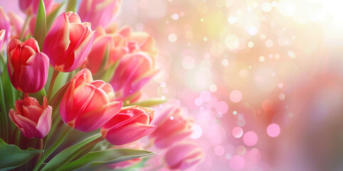 Obraz premium Banner, mockup: beautiful pink tulips on a blurred spring sunny background. Hot pink floral background, texture for design, greeting card, copy space. International Women's Day.