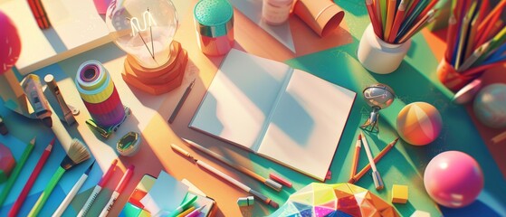 Fototapeta premium A variety of brightly colored art supplies are arranged on a table. The background is a rainbow of colors.