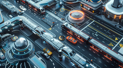An aerial view of a futuristic transportation hub with robotic trains, buses, and drones, illustrating the advancement of technology in urban mobility.