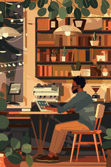 African American Freelancer Working in Cafe, Using Laptop for Online Meeting, Enjoying Comfortable Coworking Space