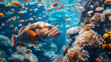 Fototapeta premium Vibrant Underwater Cleaning Station with Symbiotic Relationship Between Cleaner Fish and Grouper