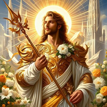 Baldr, the Norse god of light and purity known for his beauty and goodness, in a celestial glow that radiates warmth and divinity. Golden armor. Golden spear. Flowers. Peaceful aura. Generative AI