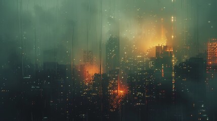 Fototapeta premium Highrise structures disintegrating with dim lights close up, focus on, copy space Bleak cityscape colors Double exposure silhouette with murkiness