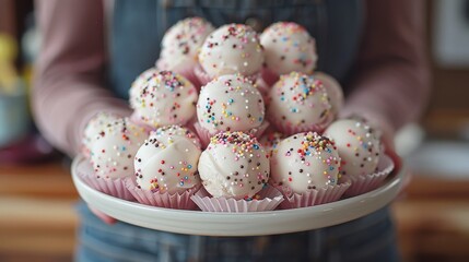 A person holding a plate filled with white cake truffles.