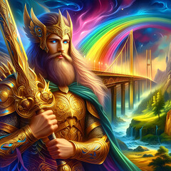 Heimdall, Guardian of Asgard and the Rainbow Bridge. Golden armor. He holds a sword. He is ready to signal the onset of Ragnarok. Eternal vigilance. Guarding the realms. Generative AI