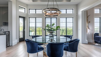 luxury dining room showcasing a round glass table, navy blue chairs, and a contemporary light fixture, illuminated by natural light from expansive windows