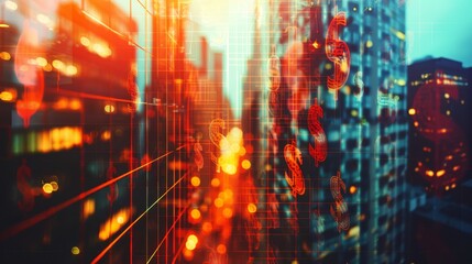 Obraz premium Metropolitan towers elevating with dollar signs close up, focus on, copy space Vibrant urban tones Double exposure silhouette with wealth