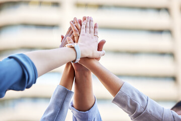Business people, hands and high five or teamwork support for partnership goals, solidarity or...