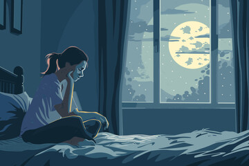 Anxious Woman Sitting on Bed at Night, Looking at Alarm Clock, Suffering from Insomnia and Menopause-Related Sleep Issues