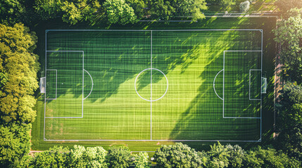 Aerial View of Pristine Soccer Field with Vibrant Green Turf and Immaculate White Boundaries