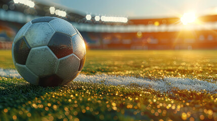 Captivating Soccer Ball Close-Up on Penalty Spot at Sunset Stadium with Soft Blurred Stands - Suspenseful Sports Moment