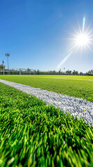 Vibrant Soccer Field with Freshly Painted White Lines Under Bright Sunlight from Corner Flag Perspective