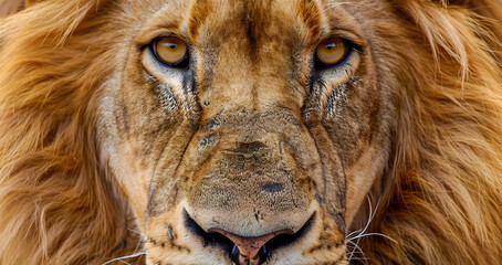 Naklejka premium Powerful and Majestic Lion Gazes Intensely with Piercing Eyes and Fierce Expression