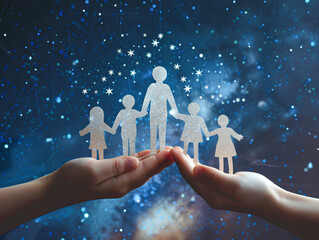 Cutout Figures Symbolizing Family Unity Reaching for Dreams Against a Starry Night Sky