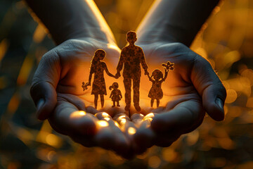 Close-up Hands Holding Family Silhouette Paper, Representation of Kinship Bond and Strength with Realistic Artistry