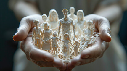 Human Hands Holding Paper Doll Family in Close-up View, Symbolizing Nurturing and Care