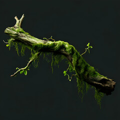 Obraz premium rotten branch covered with green moss isolated on transparent black and white background generative ai