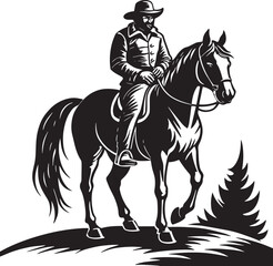 a black and white image of a cowboy on a horse. black and white illustration