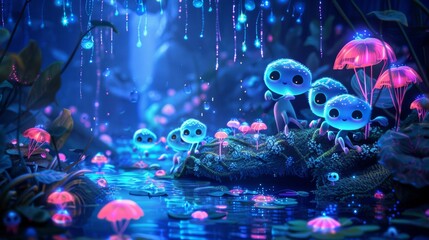Enchanting glowing creatures surrounded by bioluminescent plants in a mystical, vibrant forest under a moonlit night, creating a magical scene.