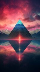 Surreal landscape with triangle pyramid concept poster. Abstract geometric wallpaper background. Cyberpunk vaporwave style. Raster bitmap digital illustration. AI artwork.