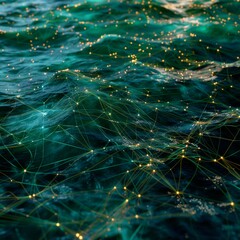 Capture a birds-eye view of the ocean floor sensors in a photorealistic digital illustration Show a network of nodes on the seabed