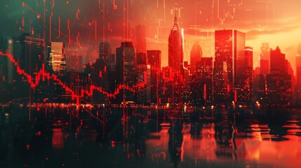 Obraz premium Cityscape breaking down with a downward financial graph close up, focus on, copy space Gritty downtown colors Double exposure silhouette with fiscal ruin