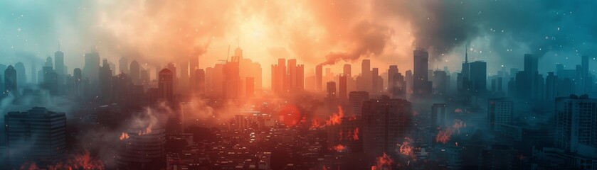 Fototapeta premium Urban skyline falling in an abandoned city close up, focus on, copy space Desolate city hues Double exposure silhouette with emptiness