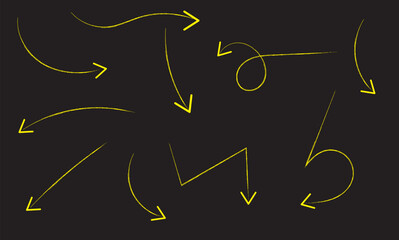 Hand drawn various curved lines and arrow curls. Drawing with a marker, different arrows in pen. Set of vector icons. Outline direction signs