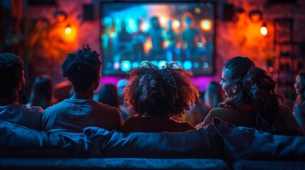 A diverse group of people sitting together on a couch, watching TV.