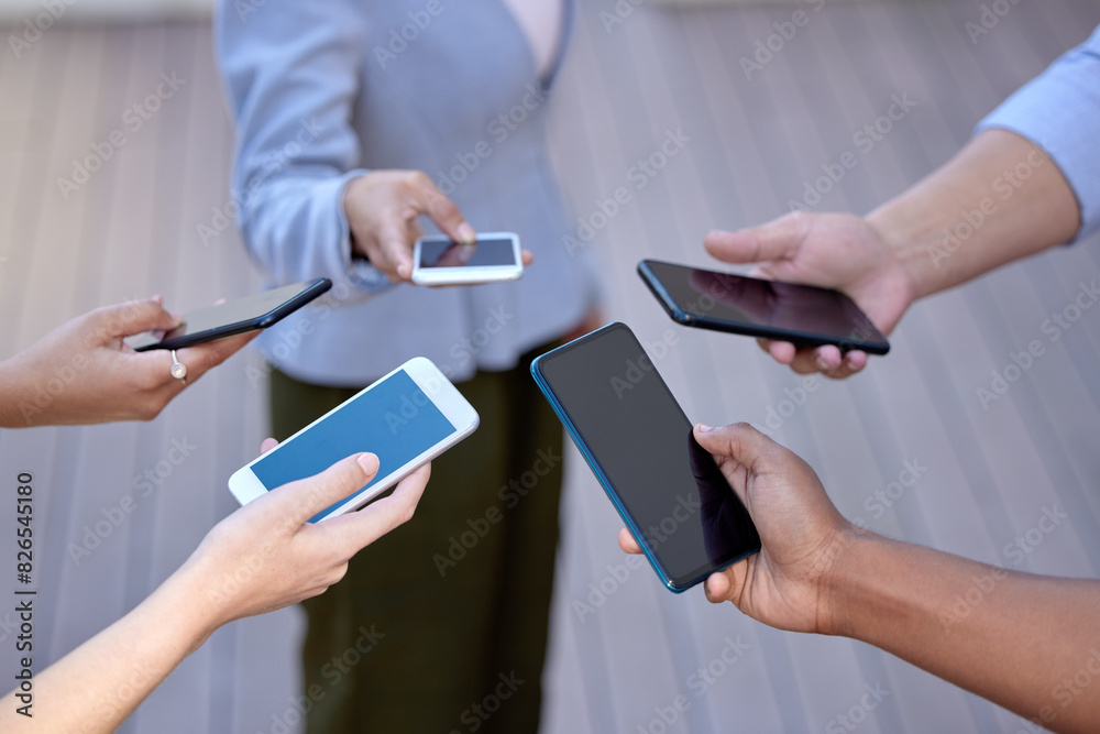Poster hands, group and smartphone in office for connection, networking and social network for teamwork. co