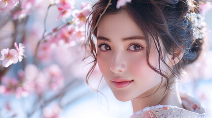Fototapeta premium Japanese woman smiling in fashionable dress in cherry blossom celebration