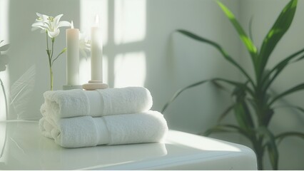 set of spa with towels , candles , essential oils , massage oils and porcelain flower on white background