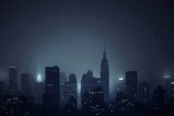 Urban Cityscape Silhouette with Glowing Lights, Central Text Space