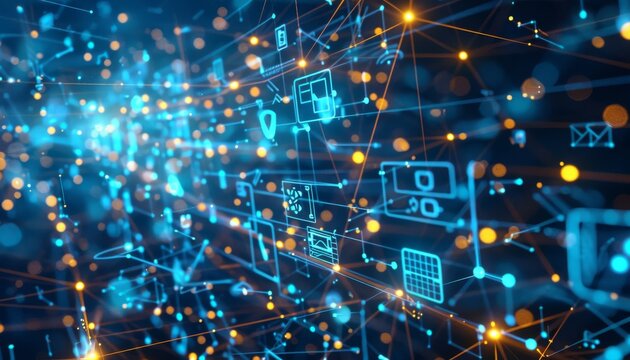 Craft a dynamic digital illustration of a network of interconnected devices and data streams to visually represent the importance of investing in telecommunications infrastructure