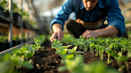 An individual diligently plants seedlings in fertile soil within a sunlit greenhouse structure