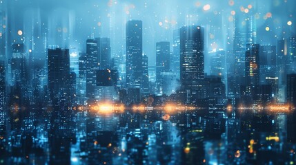 Obraz premium Urban skyscrapers collapsing with dim lights close up, focus on, copy space Dramatic cityscape tones Double exposure silhouette with shadows