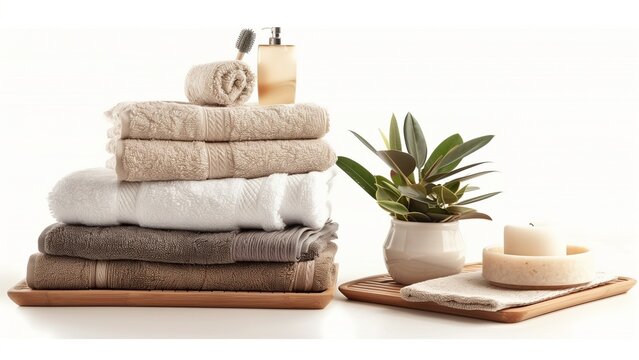 set of spa with towels , aroma therapy ,candles , essential oils , massage oils , porcelain flower