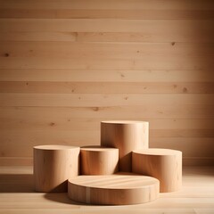 a wooden product podium on a flat minimal background.