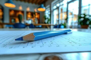 A white table with blue pen and paper on it, with a blurred background - Powered by Adobe