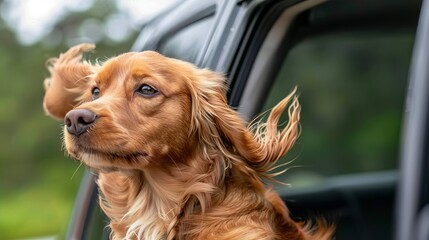 Cocker Spaniel enjoying the car ride with the wind in his fur.